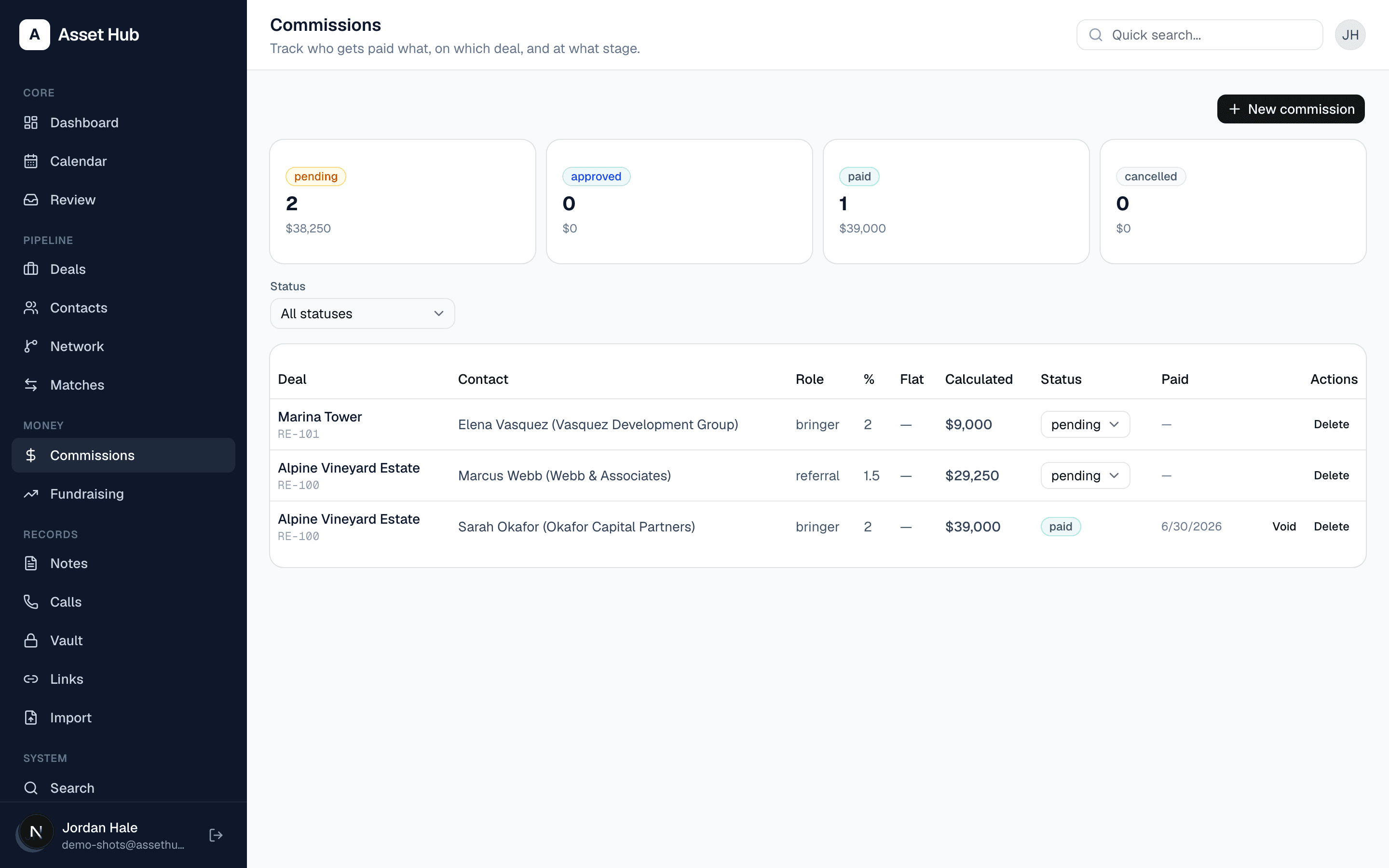 AssetHub commissions ledger with calculated splits and payout statuses